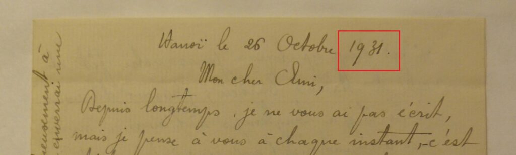 Chữ viết “1931” của Nam Sơn trong thư gửi cho Jean Tardieu (để so sáng với “1931” trên tranh phác thảo)