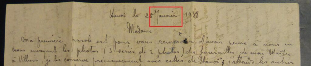 Chữ viết “Janvier” của Nam Sơn trong thư gửi cho bà Tardieu. 