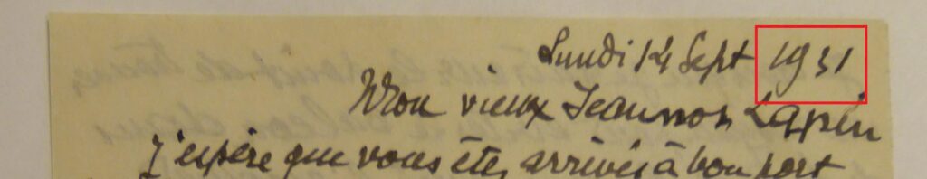Chữ viết “1931” của Victor Tardieu trong thư gửi cho Jean Tardieu.