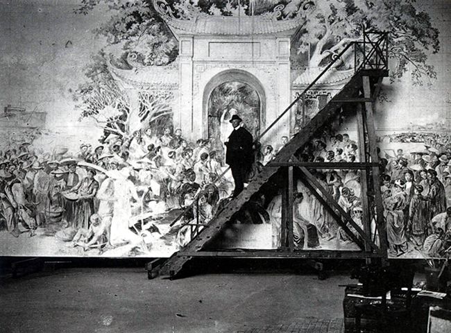 Phác thảo tranh tường Đại học Đông Dương. Khi hoàn thiện, hình cánh cổng trong tác phẩm, phía hai cánh có đôi câu đối : 人才國家之原氣 (Nhân tài quốc gia chi nguyên khí) ; 大學教化之本元 (Đại học giáo hóa chi bản nguyên). Nhân dịp kỷ niệm 100 năm Đại học Đông Dương, bức tranh này đã được phục dựng vì bị mất đi do nhiều lý do trước đó.